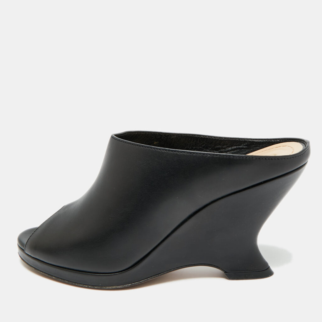 Dior Black Leather Peep Toe Wedge Slide Sandals Size 38