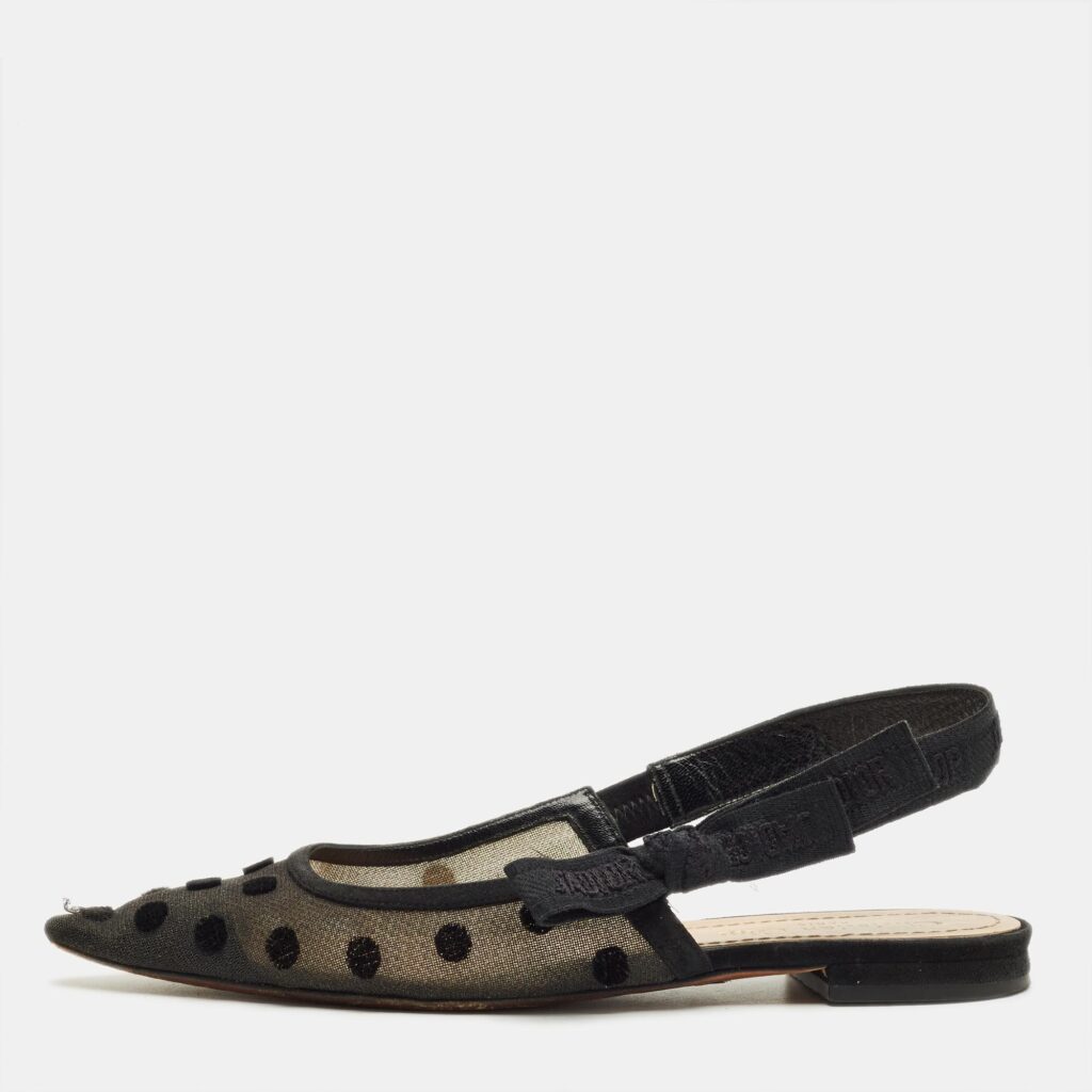 luxury-women-dior-used-shoes-p1244748-001.jpg Dior Black Canvas and Net J'Adior Slingback Flats Size 38