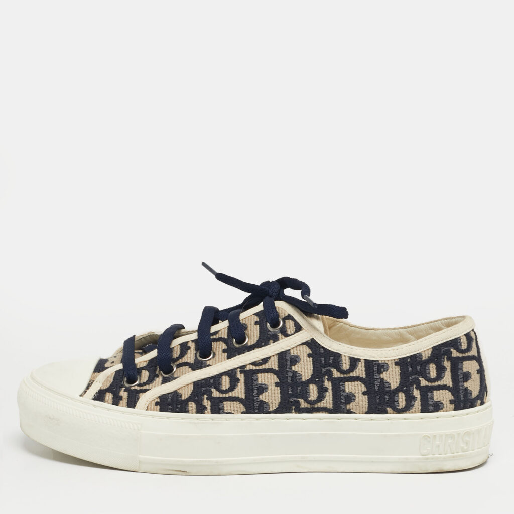 Dior Navy Blue/White Embroidered Canvas Walk'n'Dior Low Top Sneakers Size 38.5