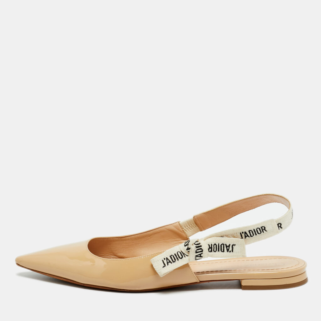 Dior Beige Fabric and Patent Leather J'Adior Slingback Flats Size 40 Dior Beige Fabric and Patent Leather J'Adior Slingback Flats Size 40