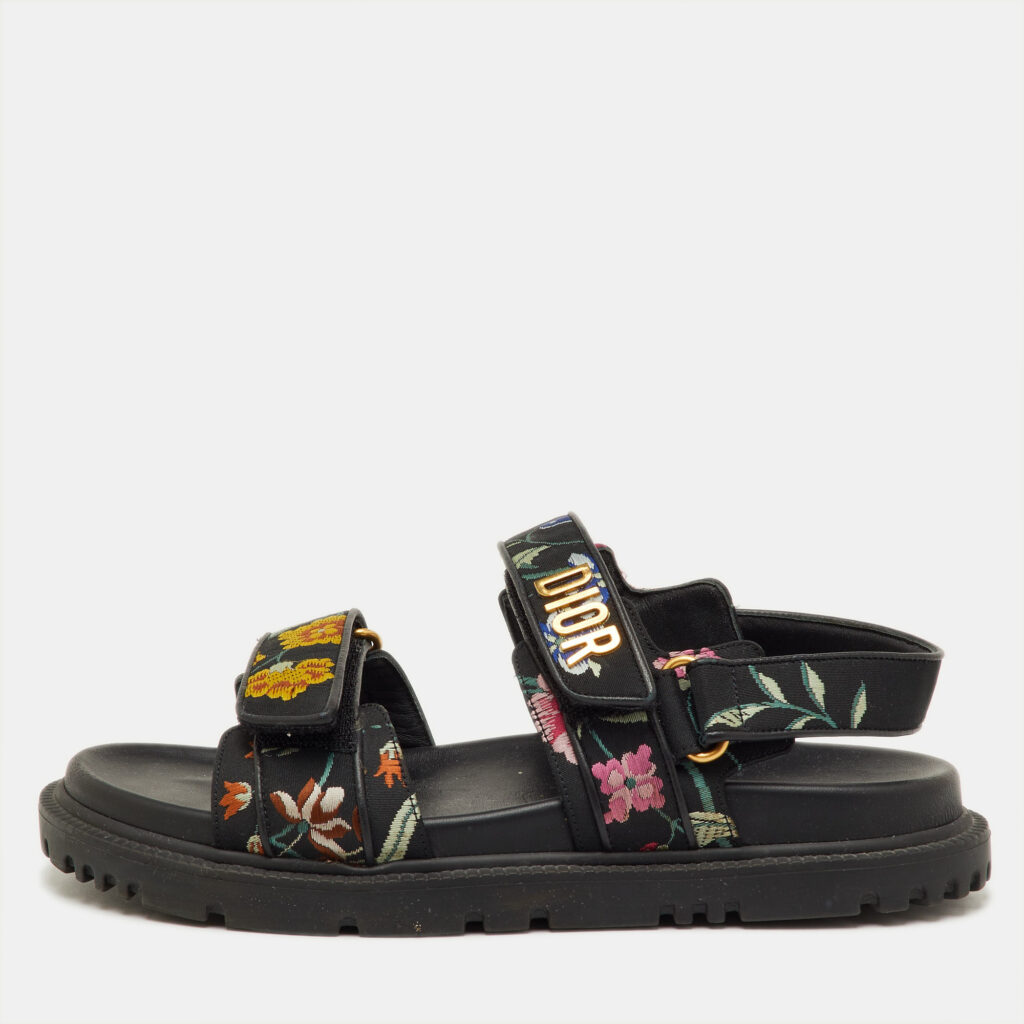 Dior DiorAct Size 38 Black Floral Fabric Ankle Strap Sandals