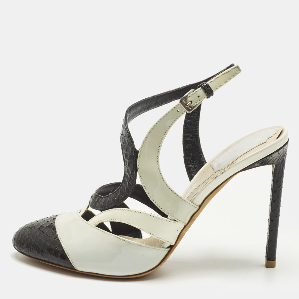 Dior Size 36 Black Patent Leather and Python Leather Ankle Strap Sandals