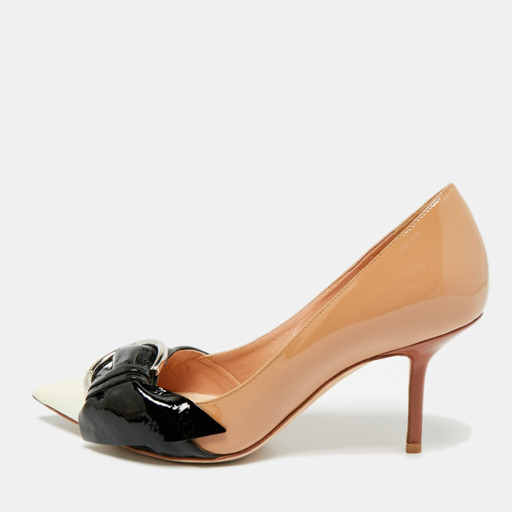 Dior Buckle Bow Beige/Black Patent Leather Pointed Toe Pumps Size 37.5
