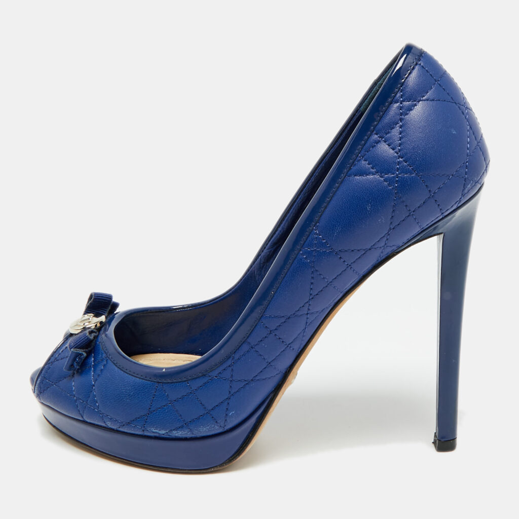 Dior Size 36.5 Blue Cannage Leather and Patent Leather Peep Toe Pumps