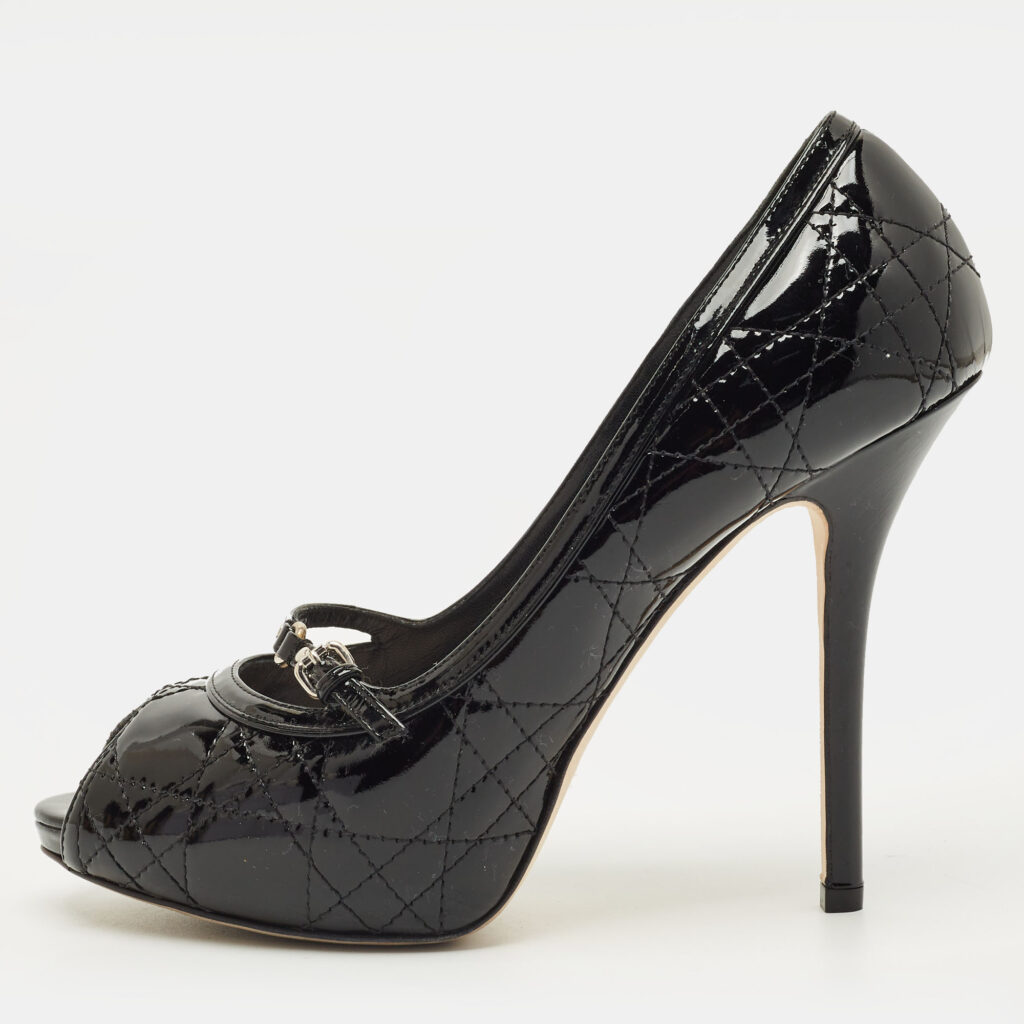 Dior Size 38.5 Black Quilted Cannage Patent Leather Peep Toe Pumps Dior Size 38.5 Black Quilted Cannage Patent Leather Peep Toe Pumps