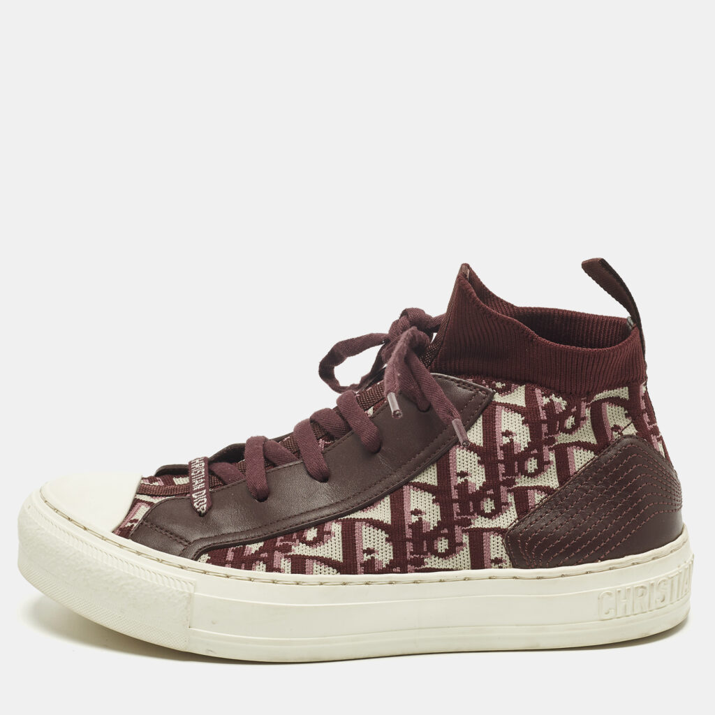 luxury-women-dior-used-shoes-p1250912-001-1.jpg Dior Walk'n'Dior Size 38 Burgundy Knit Fabric and Leather Mid Top Sneakers