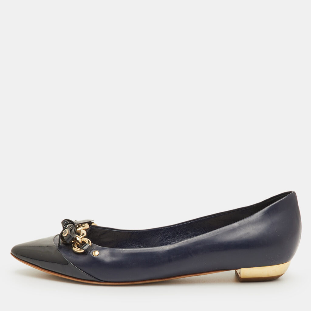 Dior Size 38 Two Tone Blue Patent Leather Bow Detail Pointed Toe Ballet Flats Dior Size 38 Two Tone Blue Patent Leather Bow Detail Pointed Toe Ballet Flats