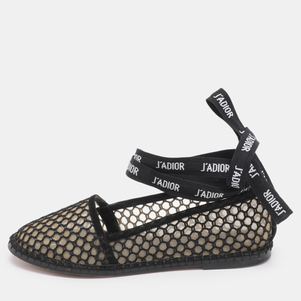 Dior J'Adior Size 35 Black Mesh Ankle Wrap Espadrille Flats Dior J'Adior Size 35 Black Mesh Ankle Wrap Espadrille Flats