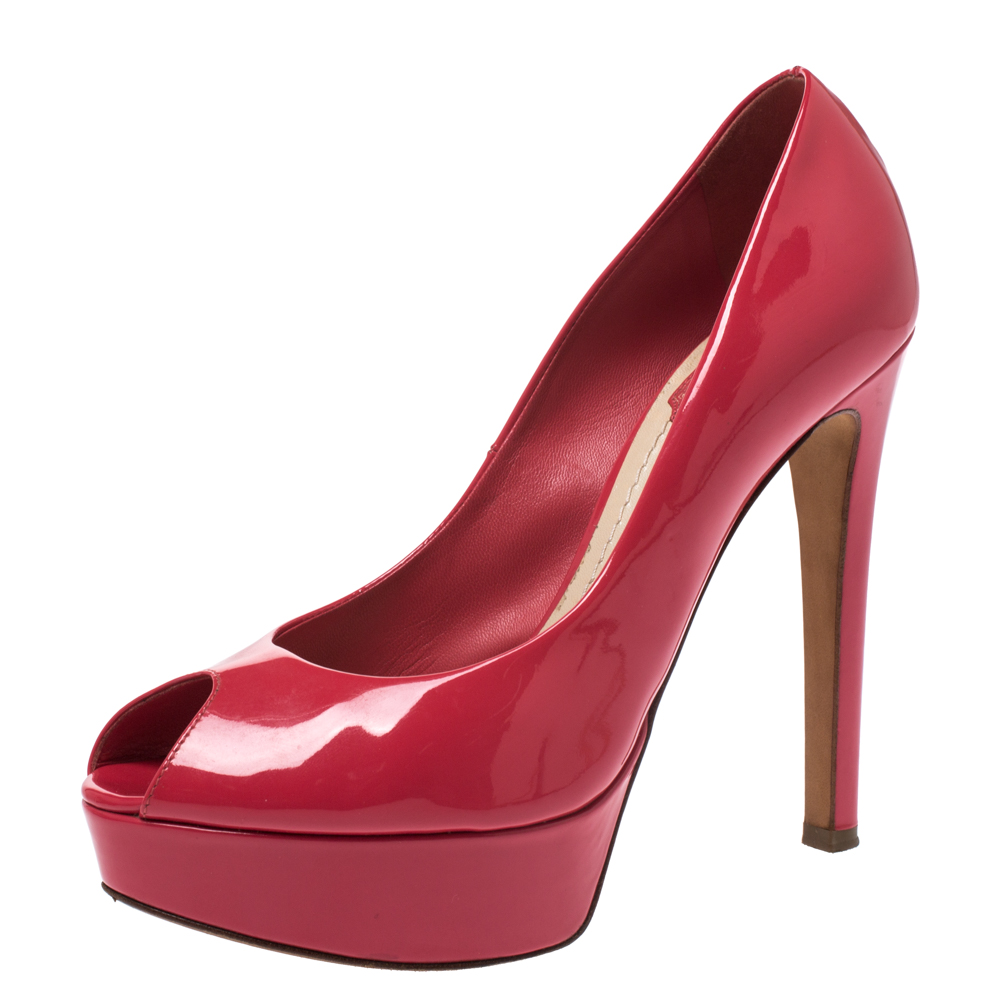 Christian Dior Pink Patent Leather Peep Toe Platform Pumps Size 37.5 Christian Dior Pink Patent Leather Peep Toe Platform Pumps Size 37.5