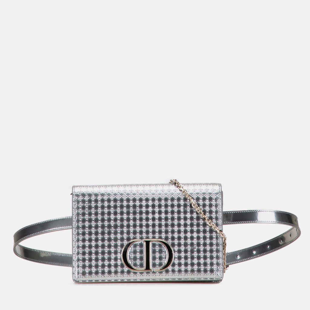 Dior Silver Metallic Patent Microcannage 2 in 1 30 Montaigne Pouch