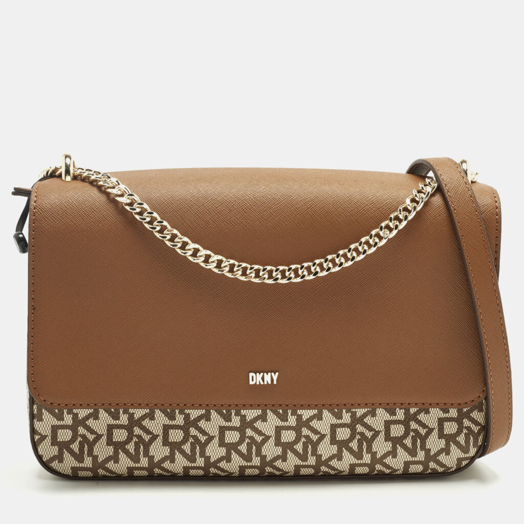 DKNY Bryant Park Medium Brown/Beige Signature Faux Leather Flap Shoulder Bag DKNY Bryant Park Medium Brown/Beige Signature Faux Leather Flap Shoulder Bag