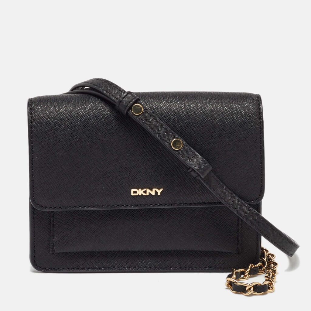 DKNY Black Saffiano Leather Flap Chain Shoulder Bag DKNY Black Saffiano Leather Flap Chain Shoulder Bag