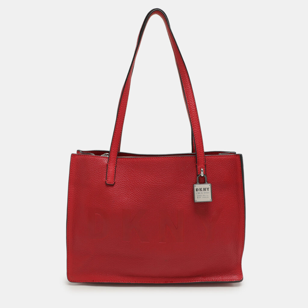 Dkny Red Leather Logo Embossed Tote Dkny Red Leather Logo Embossed Tote