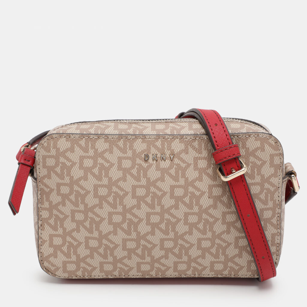 Dkny Beige/Red Signature Coated Canvas and Leather Crossbody Bag Dkny Beige/Red Signature Coated Canvas and Leather Crossbody Bag
