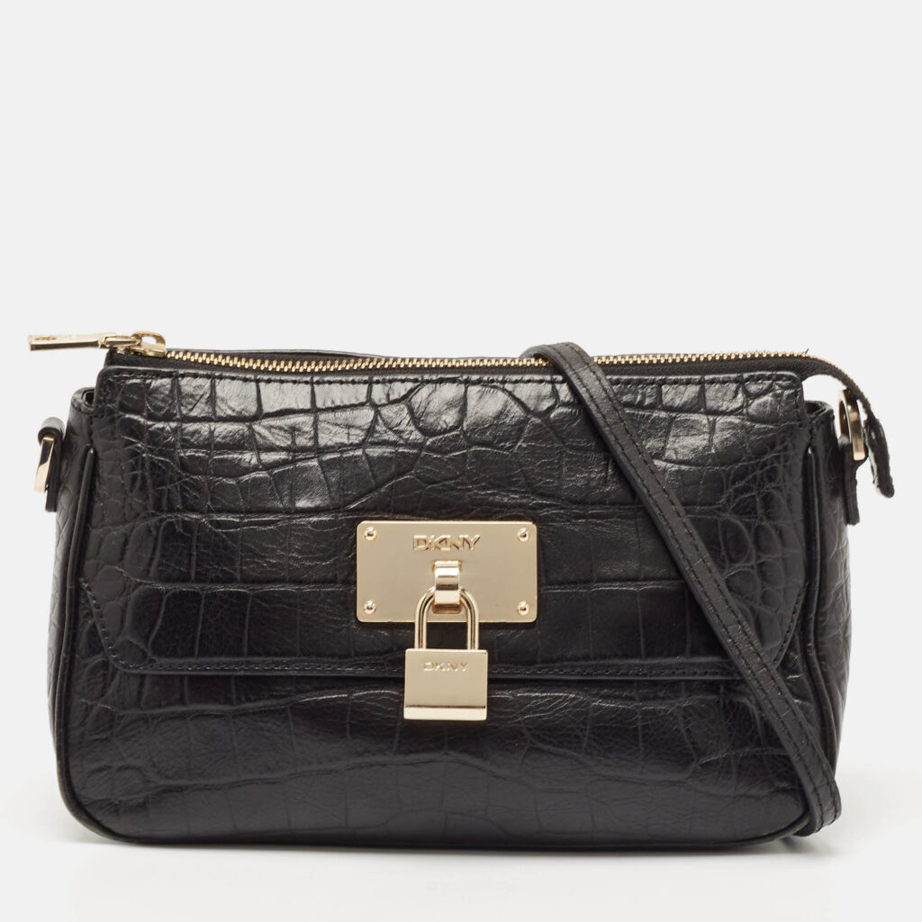DKNY Black Croc Embossed Leather Padlock Crossbody Bag DKNY Black Croc Embossed Leather Padlock Crossbody Bag