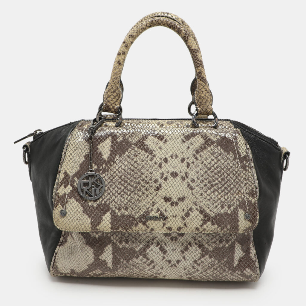 Dkny Grey/Black Leather and Snake Print Leather Satchel