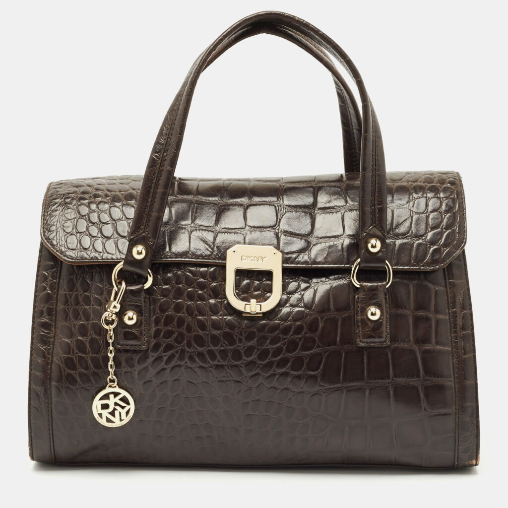 DKNY Dark Brown Croc Embossed Leather Satchel DKNY Dark Brown Croc Embossed Leather Satchel