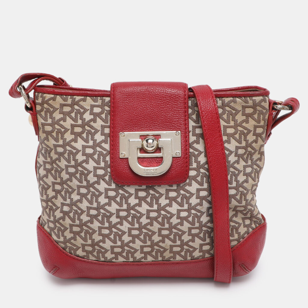 luxury-women-dkny-used-handbags-p1190120-001-1.jpg Dkny Beige/Red Canvas and Leather Crossbody Bag