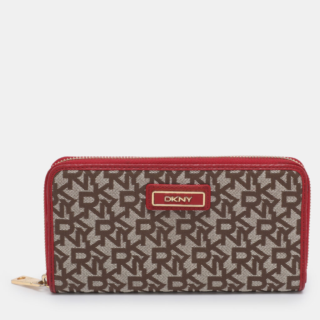 DKNY Beige/Red Canvas and Leather Zip Around Wallet DKNY Beige/Red Canvas and Leather Zip Around Wallet