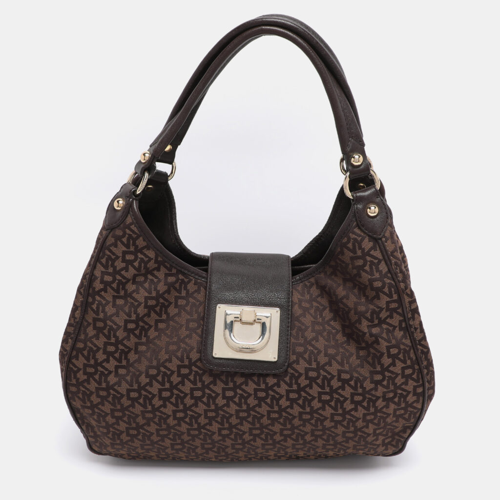 Dkny Brown Signature Canvas and Leather D Buckle Hobo