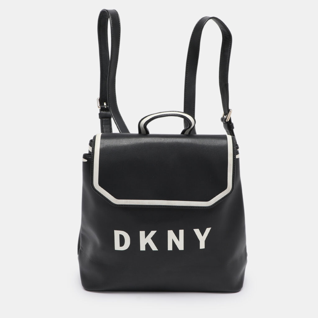 DKNY Black Leather Logo Print Jade Flap Backpack DKNY Black Leather Logo Print Jade Flap Backpack