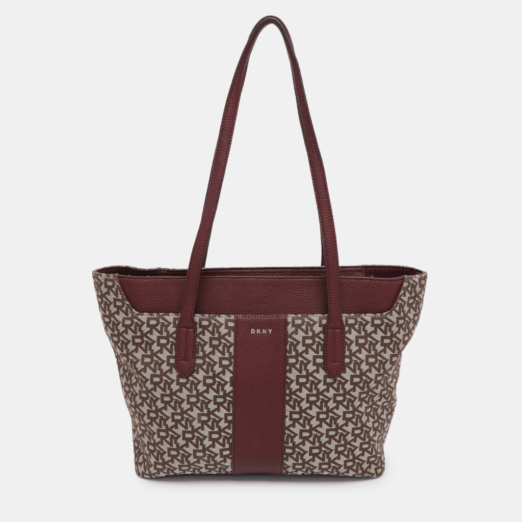 Dkny Beige/Burgundy Canvas and Leather Tote