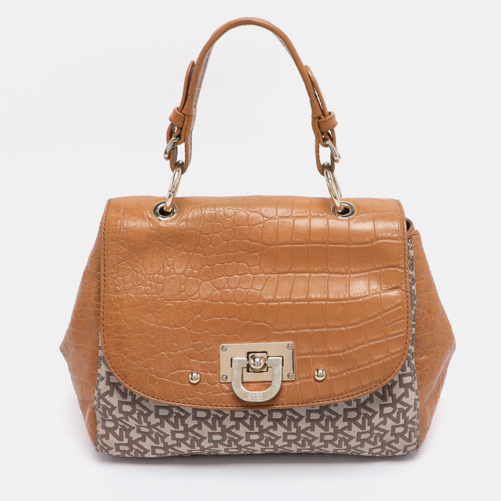 DKNY Beige/Tan Canvas and Croc Embossed Leather Top Handle Bag