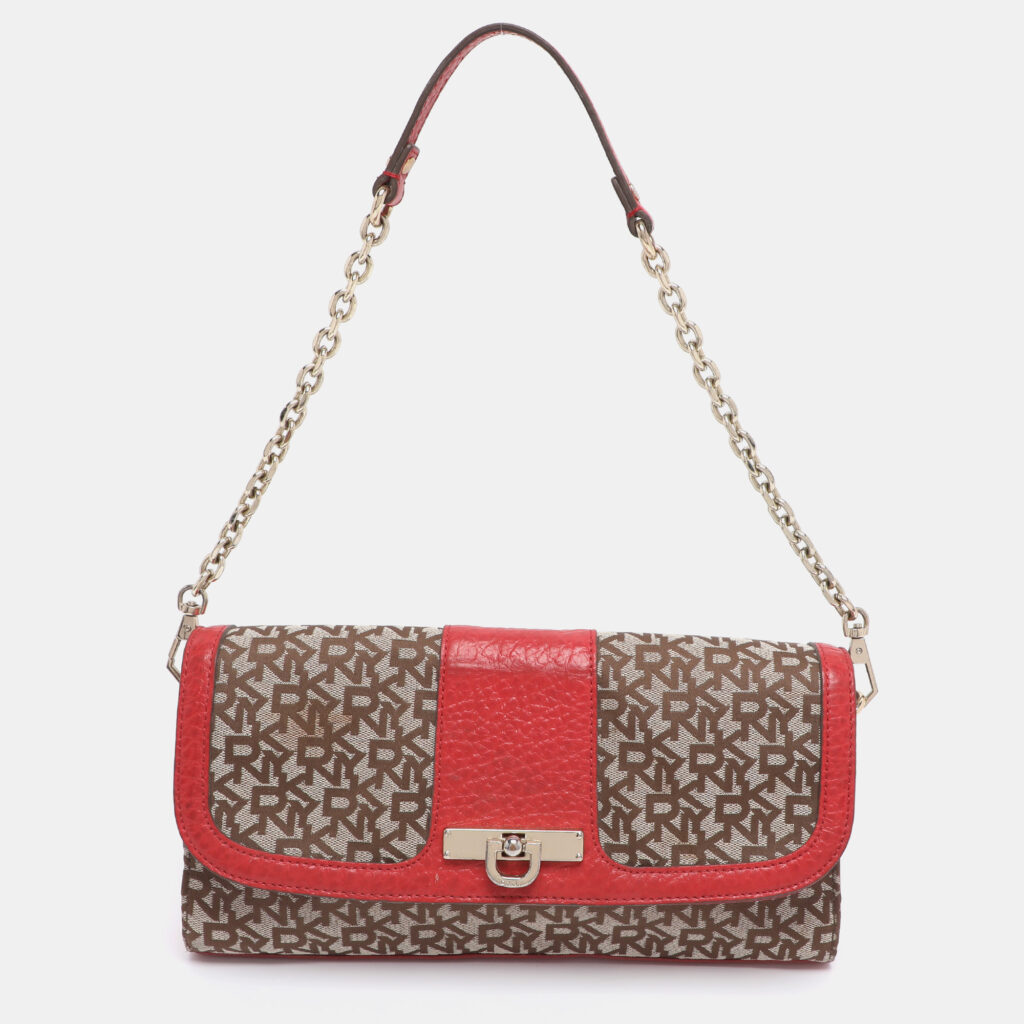DKNY Beige/Red Canvas and Leather Chain Shoulder Bag DKNY Beige/Red Canvas and Leather Chain Shoulder Bag