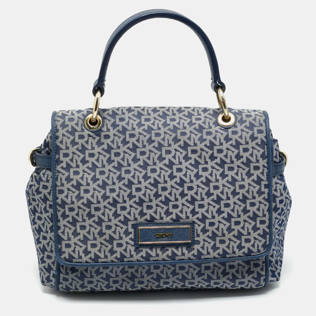 DKNY Blue Signature Canvas and Leather Trim Flap Top Handle Bag