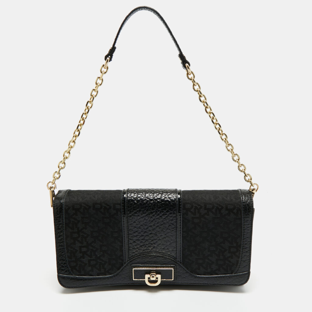 DKNY Black Signature Fabric and Leather Flap Chain Shoulder Bag DKNY Black Signature Fabric and Leather Flap Chain Shoulder Bag
