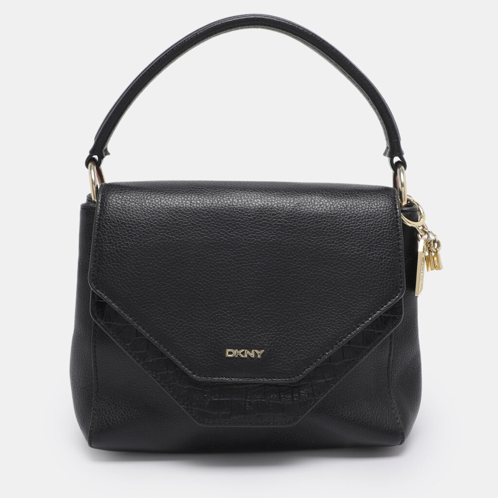 DKNY Black Leather and Croc Embossed Leather Top Handle Bag DKNY Black Leather and Croc Embossed Leather Top Handle Bag