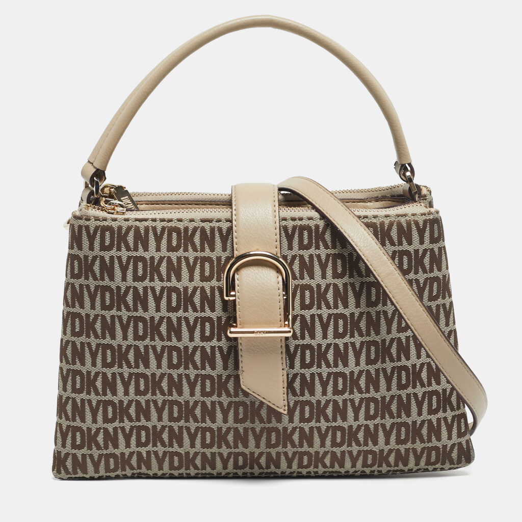 DKNY Beige Signature Canvas and Leather Deena Top Handle Bag DKNY Beige Signature Canvas and Leather Deena Top Handle Bag