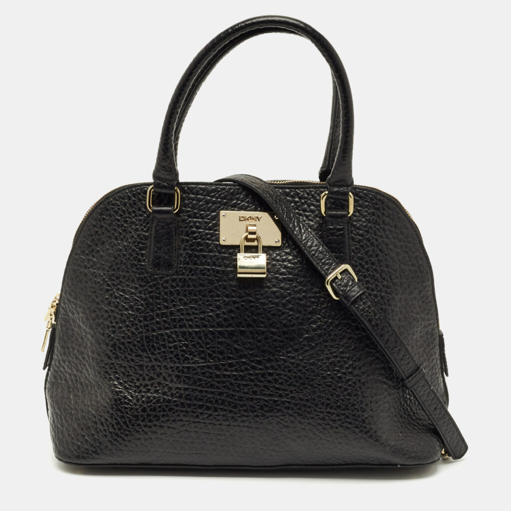 DKNY Black Pebbled Leather Padlock Dome Satchel DKNY Black Pebbled Leather Padlock Dome Satchel