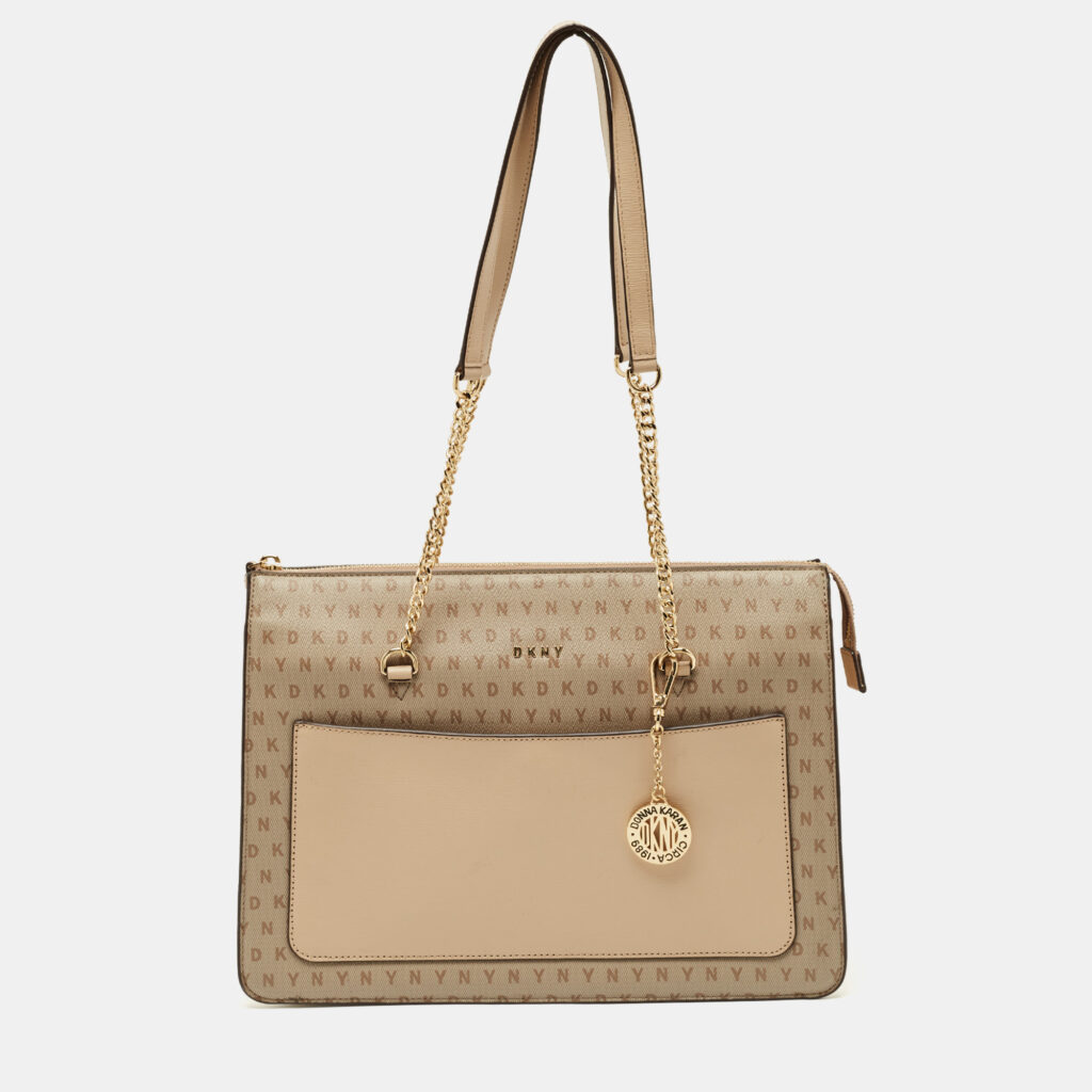 DKNY Beige Monogram Coated and Leather Large Bryant Chain Zip Tote