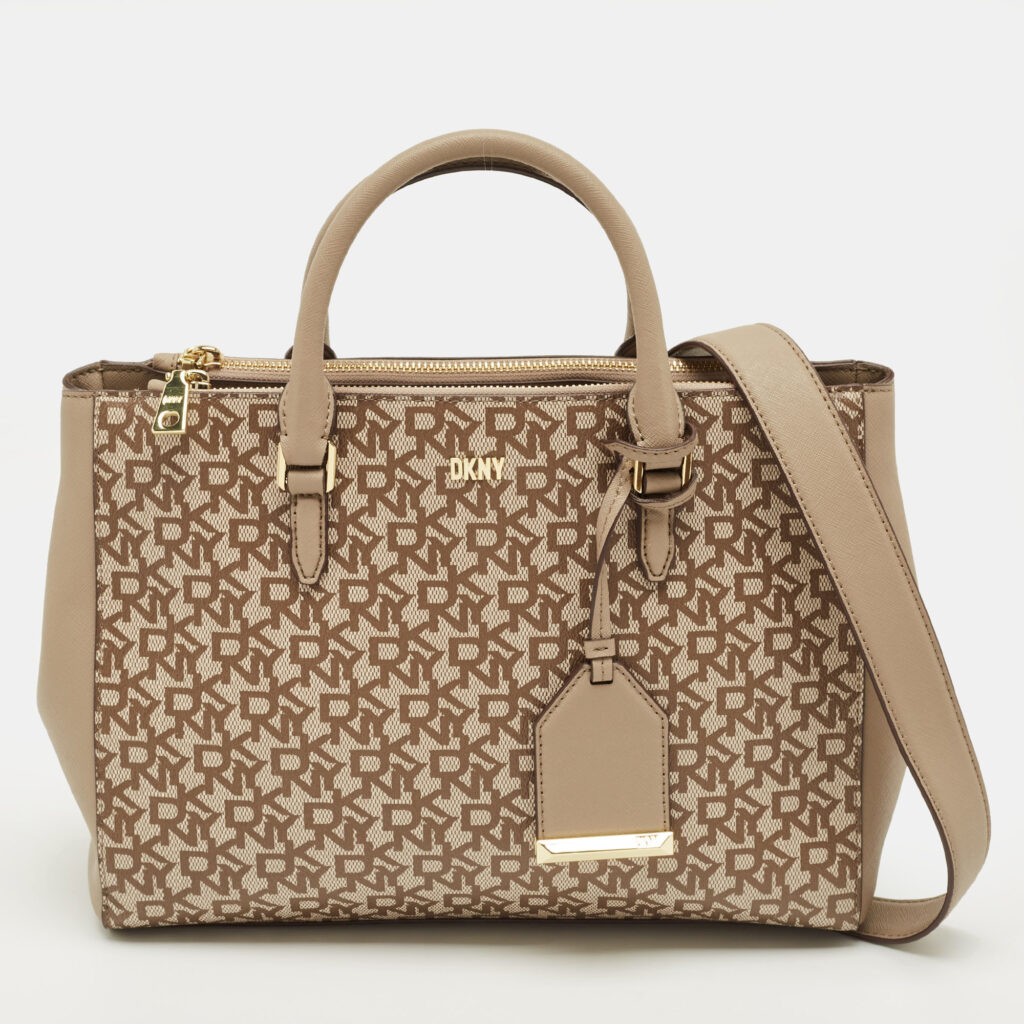 DKNY Beige Signature Coated Canvas Belle Satchel DKNY Beige Signature Coated Canvas Belle Satchel