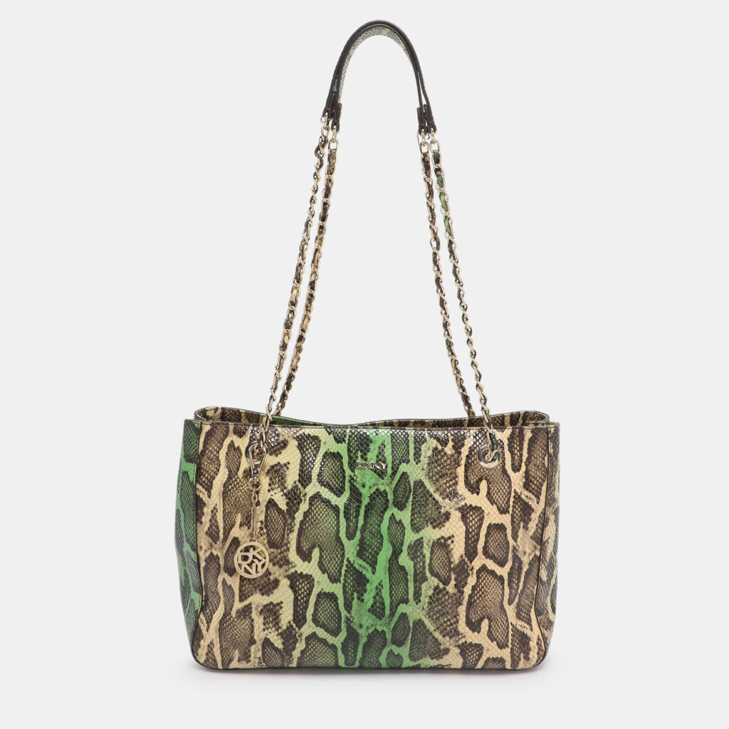 DKNY Green/Beige Python Embossed Leather Chain Tote DKNY Green/Beige Python Embossed Leather Chain Tote