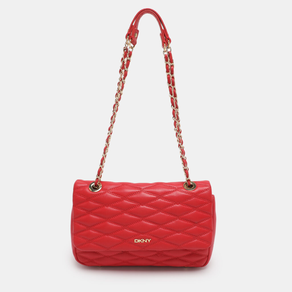DKNY Red Quilted Leather Flap Chain Crossbody Bag DKNY Red Quilted Leather Flap Chain Crossbody Bag