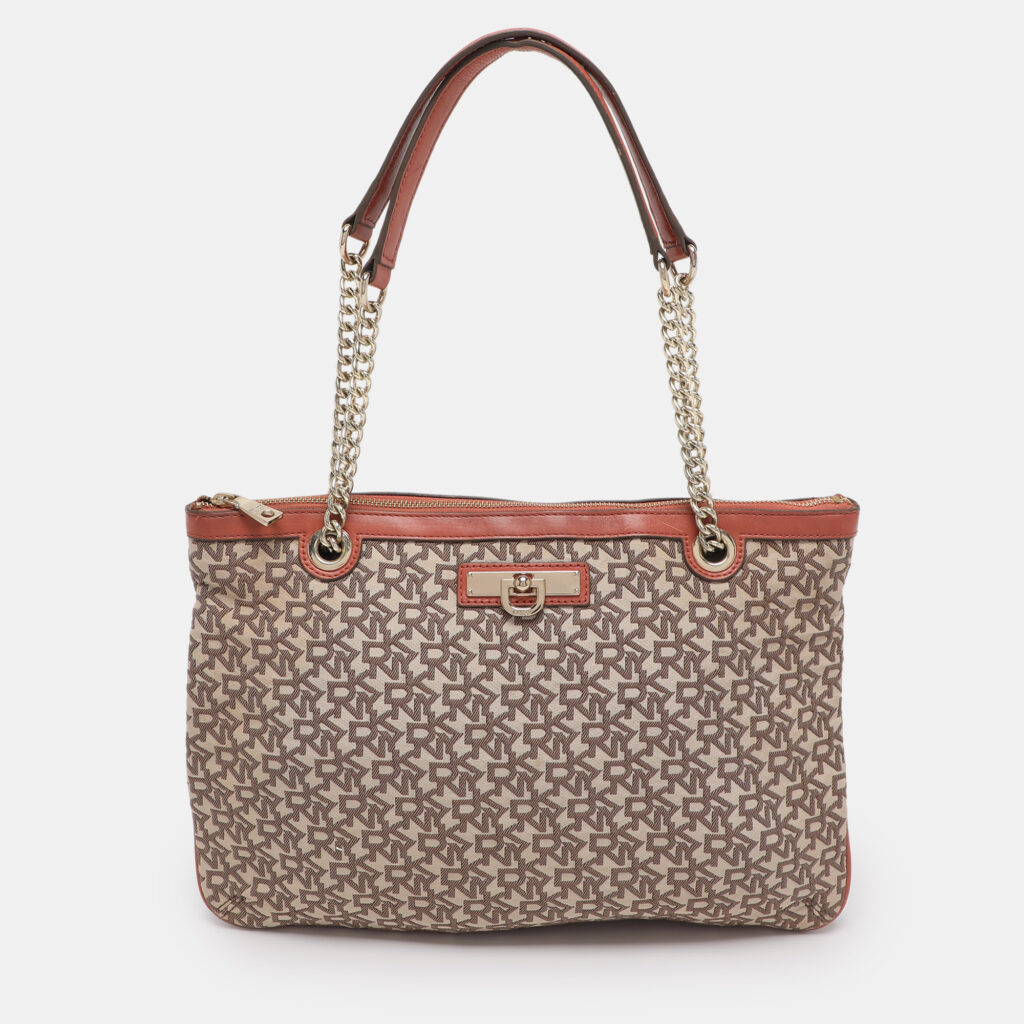 DKNY Brick Red/Beige Signature Coated Canvas And Leather Bryant Chain Shoulder Bag