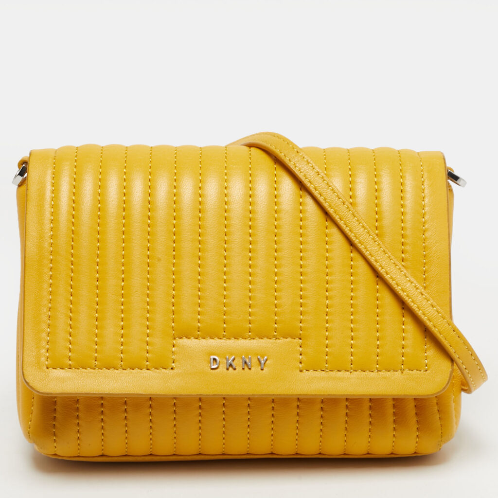 DKNY Yellow Pinstripe Quilted Leather Small Gansevoort Flap Shoulder Bag DKNY Yellow Pinstripe Quilted Leather Small Gansevoort Flap Shoulder Bag