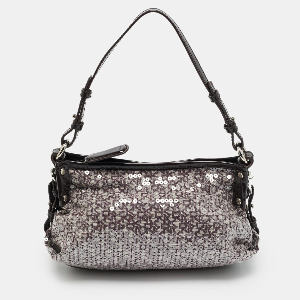 DKNY Monogram Plum Fabric, Patent Leather and Sequins Shoulder Bag DKNY Monogram Plum Fabric, Patent Leather and Sequins Shoulder Bag