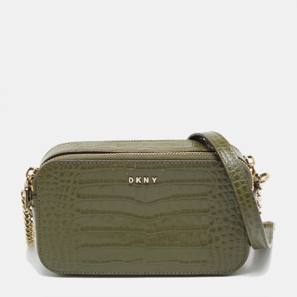 DKNY Double Zip Olive Green Croc Embossed Leather Crossbody Bag