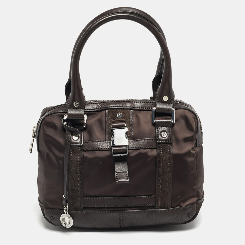 luxury-women-dkny-used-handbags-p1246789-004-1.jpg DKNY Buckle Brown Nylon and Leather Satchel