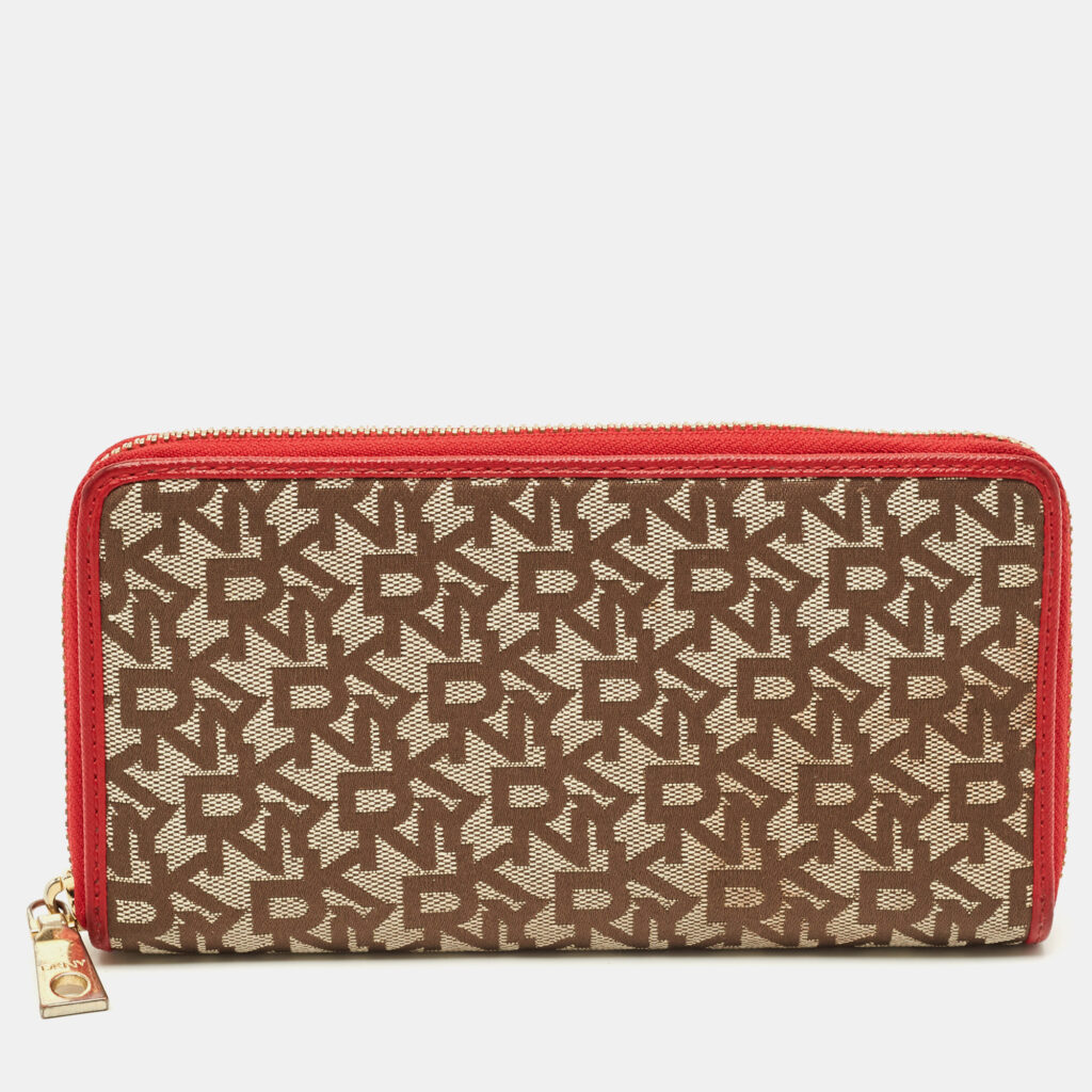 Dkny Beige/Red Monogram Fabric Zip Continental Wallet Dkny Beige/Red Monogram Fabric Zip Continental Wallet