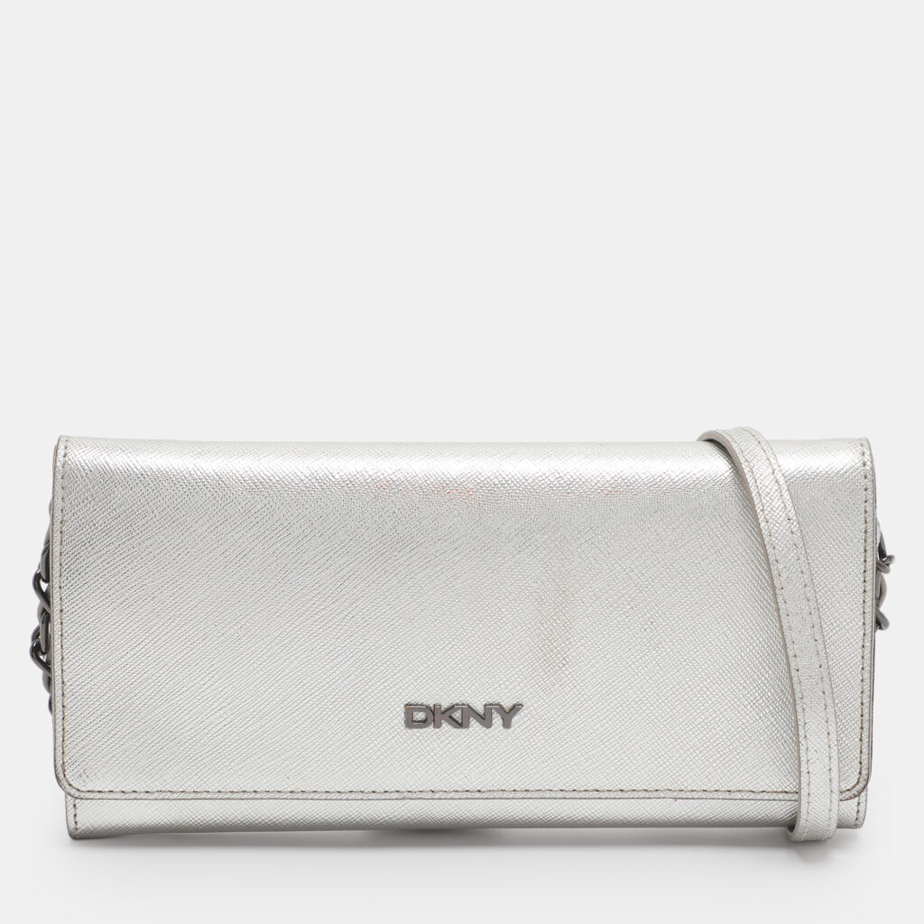 DKNY Flap Silver Leather Wallet On Chain DKNY Flap Silver Leather Wallet On Chain