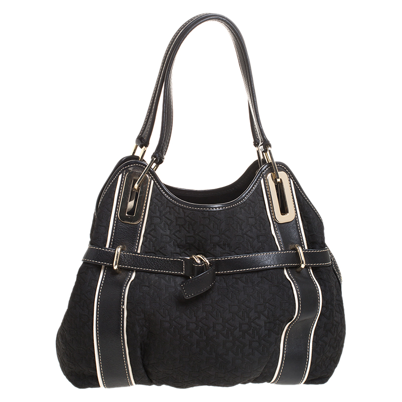 DKNY Black Monogram Fabric and Leather Tote