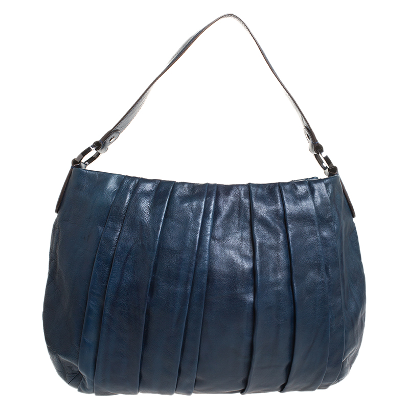 Dkny Navy Blue Pleated Leather Floral Chain Detail Hobo Dkny Navy Blue Pleated Leather Floral Chain Detail Hobo