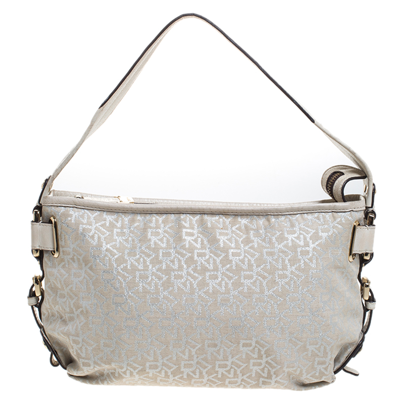 Dkny Ivory Signature Fabric and Leather Shoulder Bag Dkny Ivory Signature Fabric and Leather Shoulder Bag