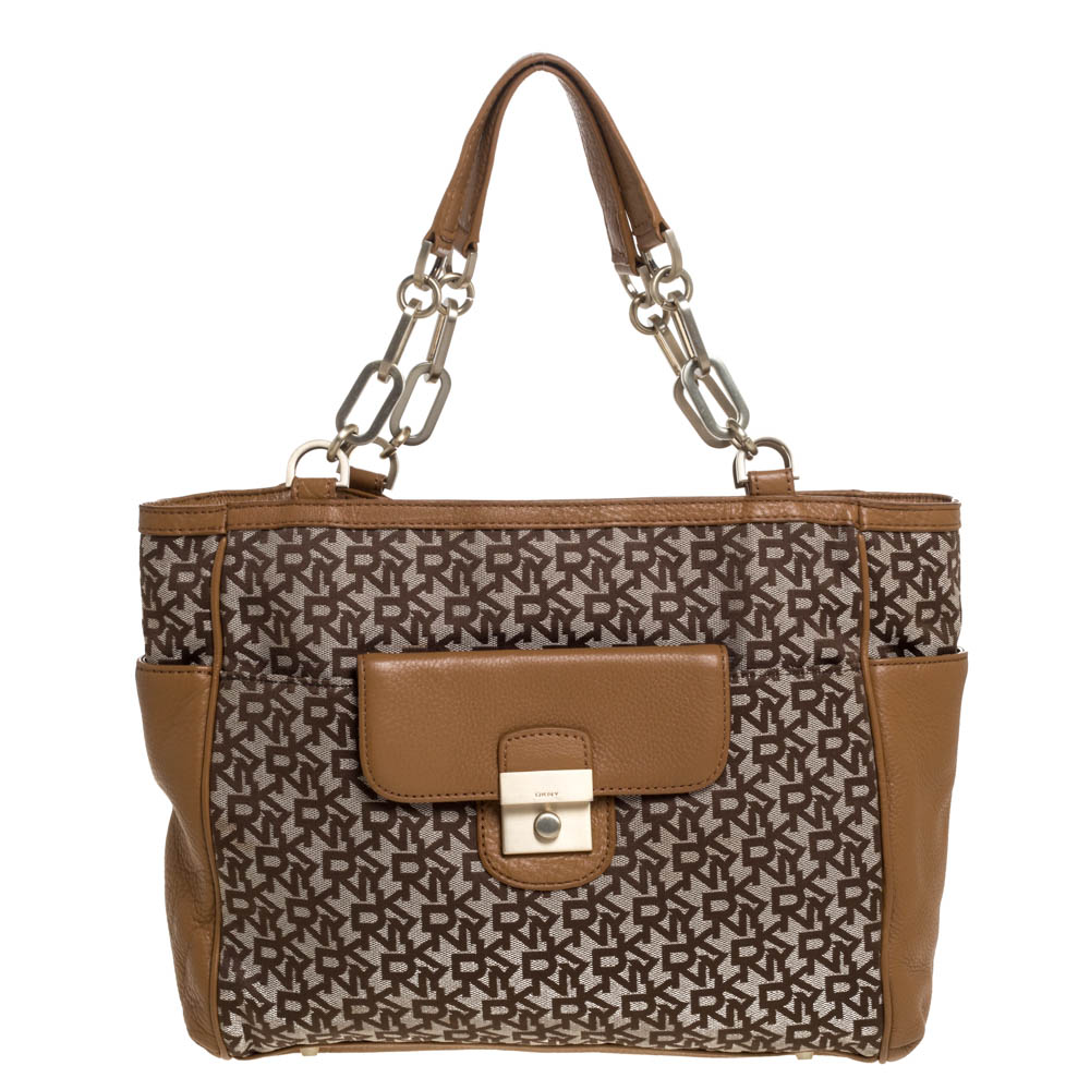 Dkny Beige/Tan Signature Canvas and Leather Tote Dkny Beige/Tan Signature Canvas and Leather Tote