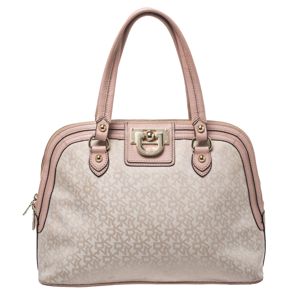 Dkny Pink/Beige Signature Canvas and Leather Dome Satchel Dkny Pink/Beige Signature Canvas and Leather Dome Satchel