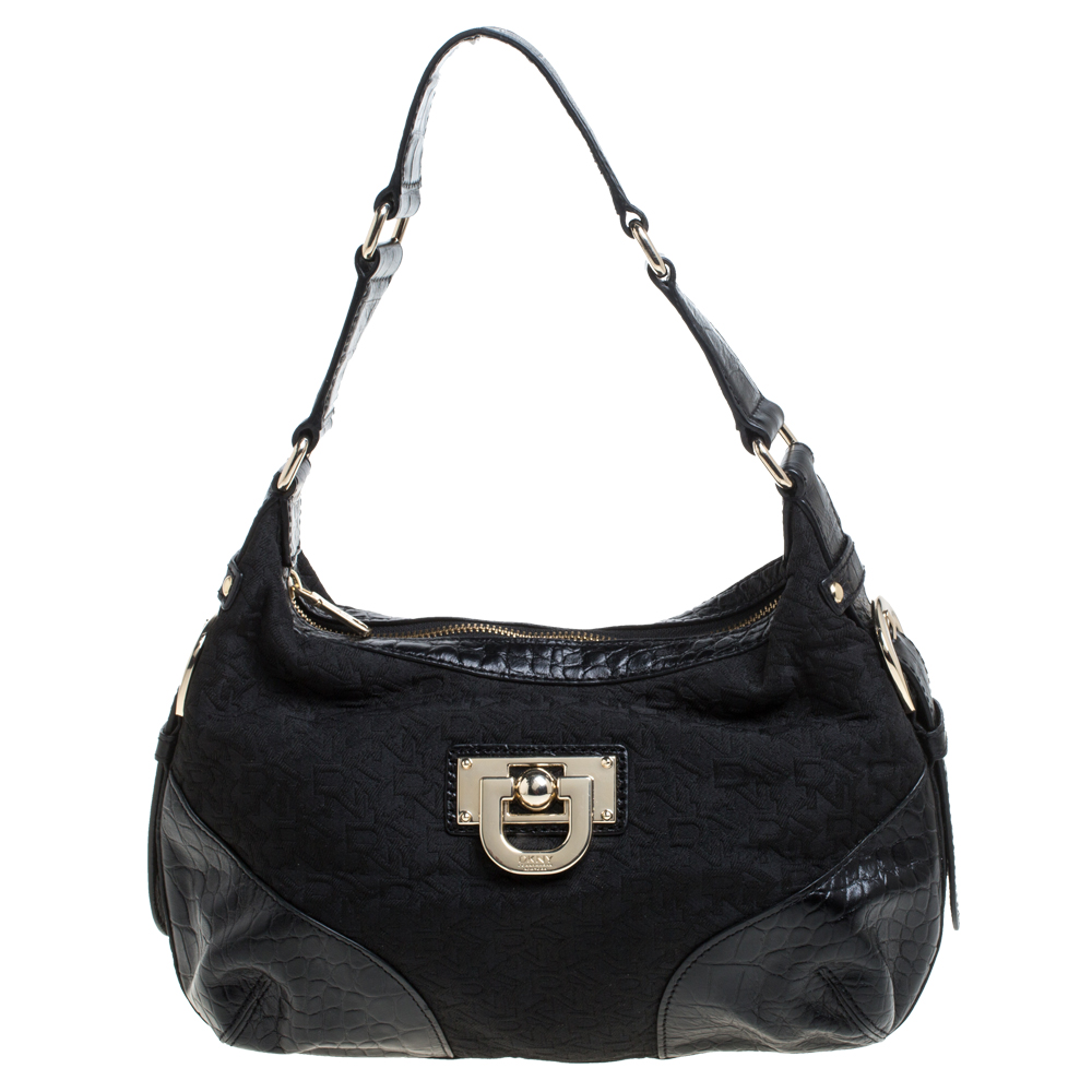 Dkny Black Signature Canvas and Croc Embossed Leather Buckle Hobo Dkny Black Signature Canvas and Croc Embossed Leather Buckle Hobo